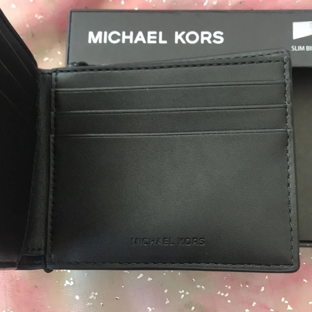 Brand New Michael Kors Genuine Leather Black Slim Billfold Wallet w/ Silver Logo
